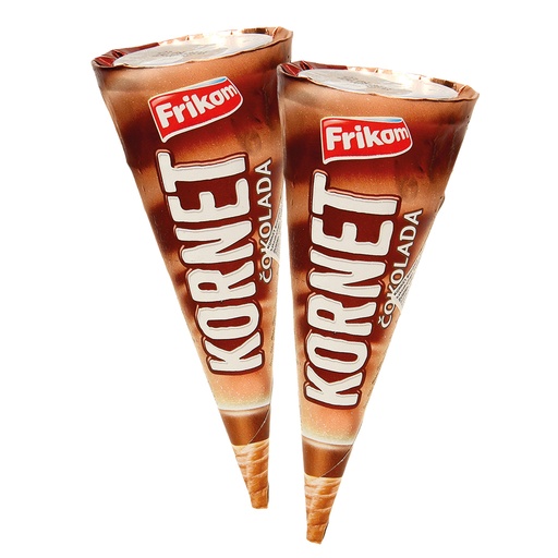 IJs "KORNET SCHOKO" met chocoladesmaak en hazelnootstukjes in een wafel met cacaohoudende vetglazuur, diepgevroren