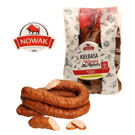 [23903] "Zelfgemaakte worst" Brühwurst van varkensvlees, grof gehakt, gerookt, gedroogd. Met soja-eiwit hydrolysaat, suiker en aroma's.