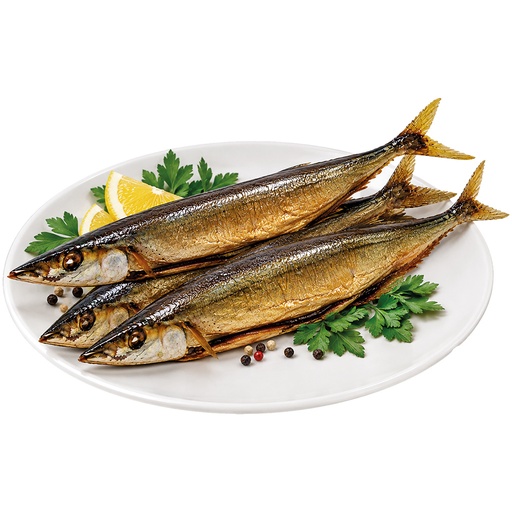 [10199] Pazifische kortsnuitmakreel (Cololabis saira), met kop, ontdaan van ingewanden, koudgerookt