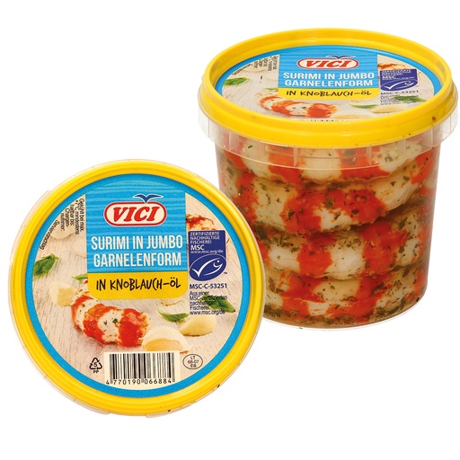 [08131] Imitatiegarnalen uit surimi gevormd, in knoflookolie