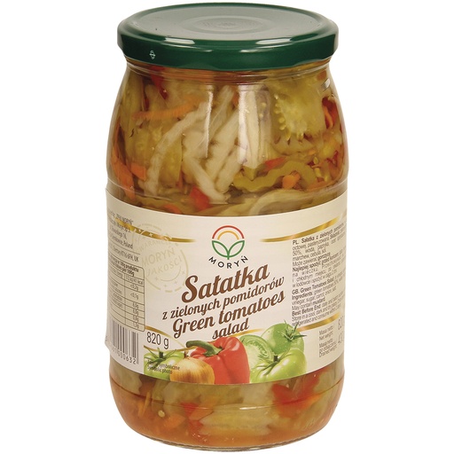 "Salatka z zielonego pomidora" - Маринованные зеленые помидоры дольками, со сладким перцем, морковью и луком. Пастеризованные.
