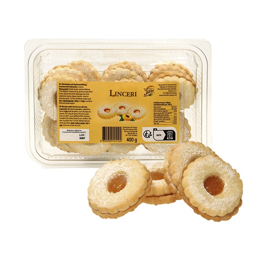 [79593] "Linceri" Песочное печенье с абрикосовой начинкой, посыпанное сахарной пудрой
