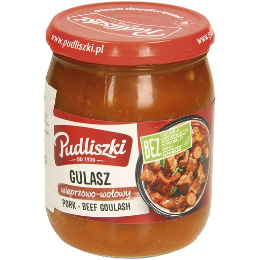 Varkens- en rundvleesgoulash. Gesteriliseerd.