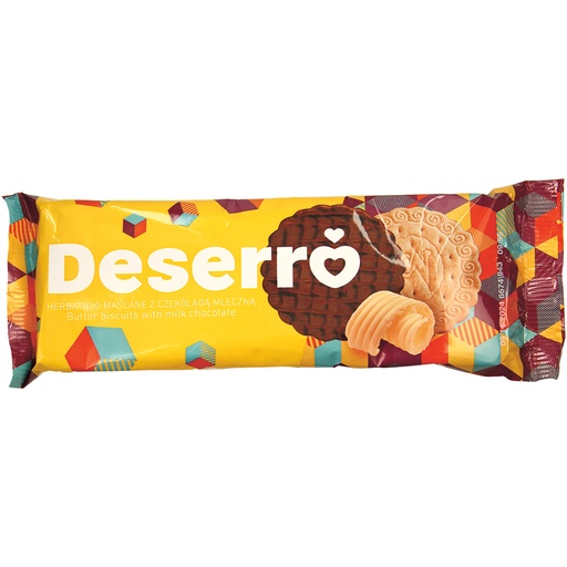 Deserro boterkoekjes met melkchocolade. Koekjes met 4% boter en 32% melkchocolade.