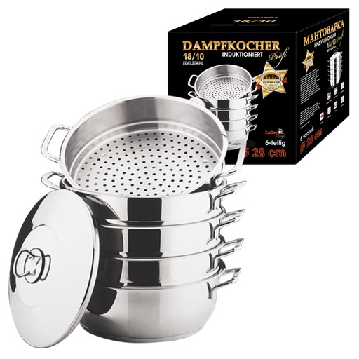 Stoomkoker 28cm, 6-delig, RVS 18/10, met metalen handgrepen