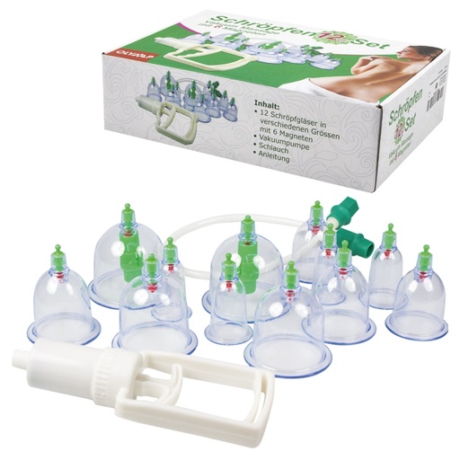 Schröpset 12-delig voor vacuümmassage, H-6 tot 8 cm, D-3 tot 6,5 cm, met 6 magneten