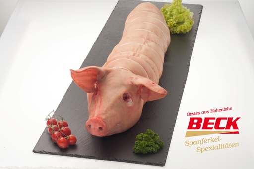 Feest-varkensvlees aan stuk, zonder botten, geknoopt (rug en buik), vers, niet gevuld, met hoofd