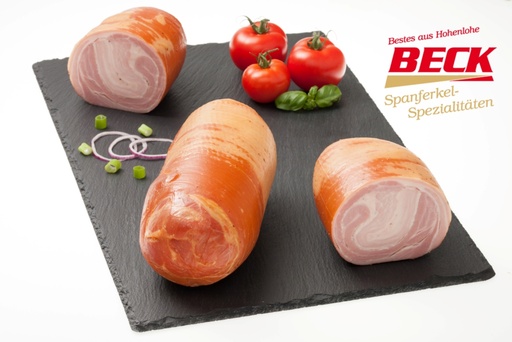 Gekookte spanferkel delicatesse buikspek, licht gerookt, mager snijbeeld