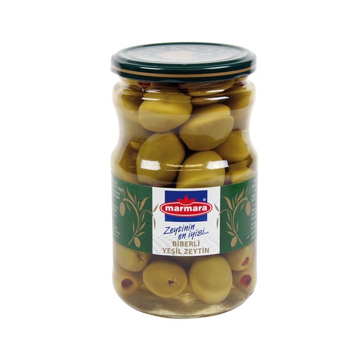 Groene olijven, gevuld met rode paprika