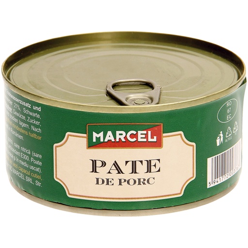 [33954] Fijngehakt gezouten product met spek en varkenslever, met toevoeging van drinkwater en melkeiwitproduct, smeerbaar "Marcel - Pâté de porc"