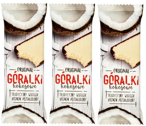 Knapperige wafel gevuld met kokos-chocoladecrème (72%) met een rand van cacaoglazuur