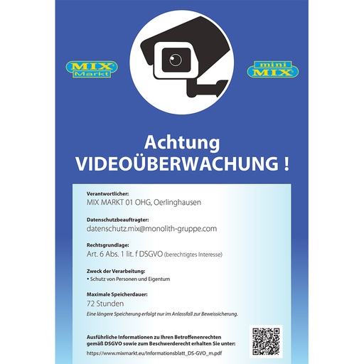 Sticker DIN A4 formaat "Videobewaking Gegevensbescherming" voor Mix Markt/Mini Mix. Levertijd: 2 weken