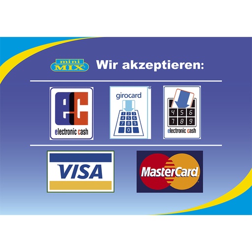Sticker DIN A4 formaat "Wij accepteren creditcards" Mini Mix. Levertijd: 2 weken
