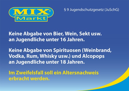 Наклейка формата DIN A4 "Закон о защите молодежи" для Mix Markt. Срок доставки: 2 недели.
