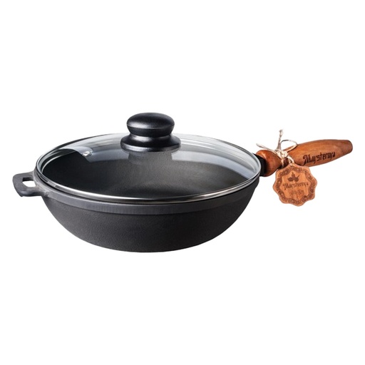 Gietijzeren koekenpan met houten handvat en glazen deksel, 28 x 6 cm