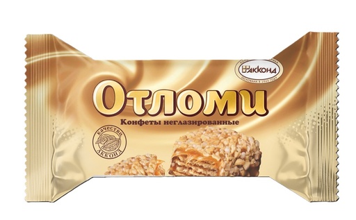 AKKOND "Otlomi" вафельный батончик с кремом и мягкой карамелью (33%), на какаосодержащей жировой глазури (11%), посыпанный арахисом и воздушным рисом.