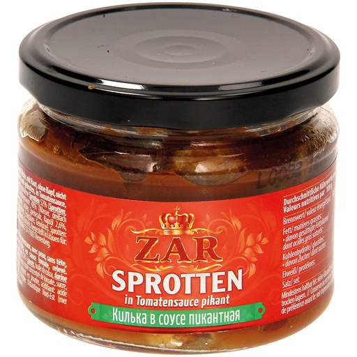 [31169] Sprotten, heel en stukjes, met huid, zonder kop, niet schoongemaakt, gepaneerd en gebakken, in tomatensaus, pittig