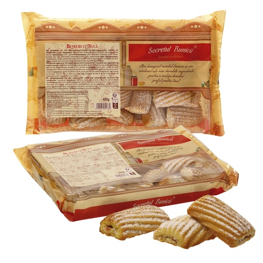 [79579] Печенье с 16% начинкой из грецкого ореха и арахиса со вкусом грецкого ореха, посыпанное сахарной пудрой