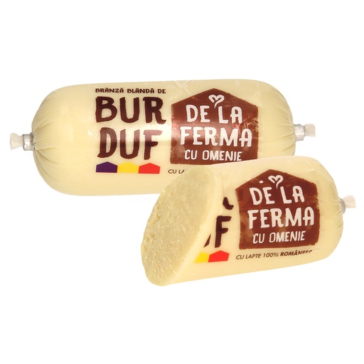 [18568] Traditionele Roemeense kaas “Branza de Burduf" van kaas gemaakt van gepasteuriseerde koemelk en kaas van gepasteuriseerde schapenmelk. Halfharde snijkaas. Minimaal 45% vet in droge stof, "De la Ferma"