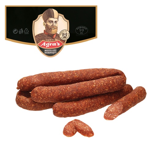 [23164] "Zelfgemaakte gedroogde worst" Kookworst van varkens- en kippenvlees, middelgrof, gerookt, gedroogd. Met soja-eiwit.